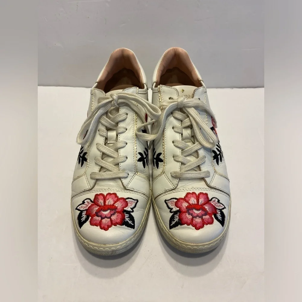 KATE SPADE EVERHART FLORAL LEATHER SHOES EMBROIDERED WHITE SNEAKERS SIZE 9.5